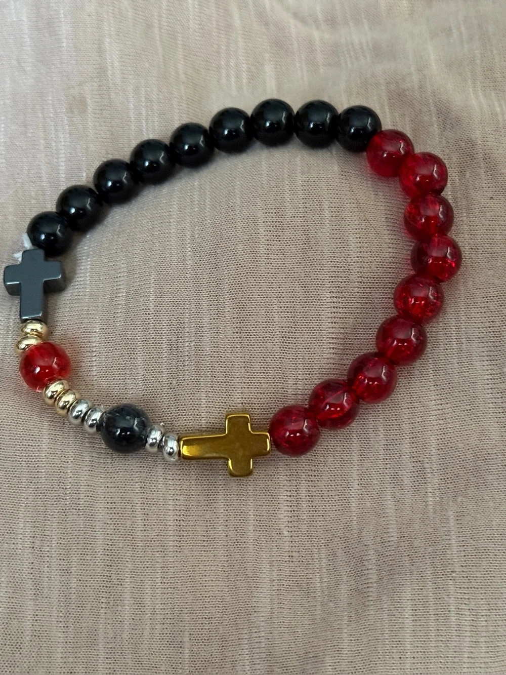 Gold Cross Red and Black Bead Stretch Bracelet